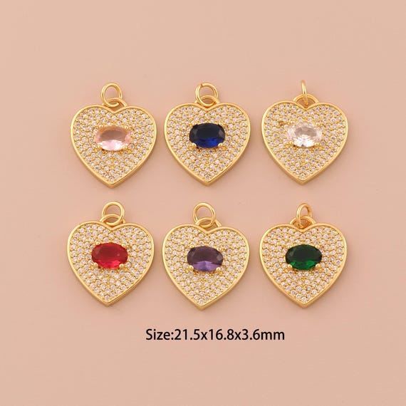 18K Gold Heart Charms,CZ Pave Minimalist Charms Pendants,Heart Charm for DIY Jewelry Making Supply