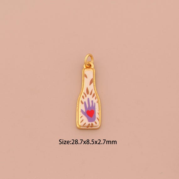 18K Gold Wine Charms,Enamel Wine Bottle Charms Pendants,Hand Heart Charm for DIY Jewelry Making Supply
