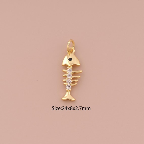 18K Gold Fishbone Charms,CZ Pave Minimalist Charms Pendants,Fishbone Charm for DIY Jewelry Making Supply
