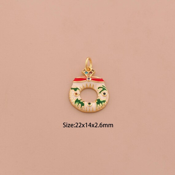 18K Gold Christmas Donut Charms,CZ Pave Christmas Charms Pendants,Enamel Donut Charm for DIY Jewelry Making Supply