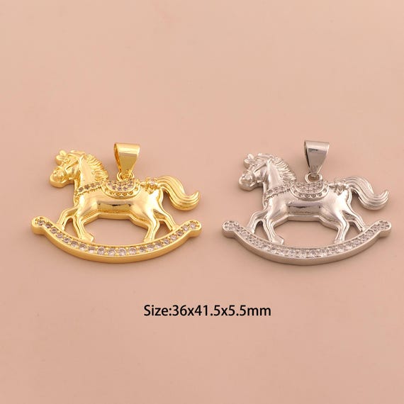 18K Gold Rocking Horse Charms,Horse Charms Pendants,CZ Pave Animal Charm for DIY Jewelry Making Supply