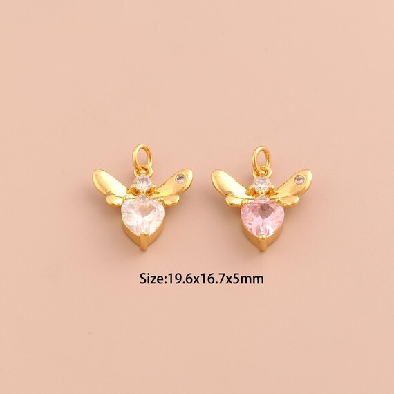 18K Gold Firefly Charms,CZ Pave Heart Charms Pendants,Insect Charm for DIY Jewelry Making Supply