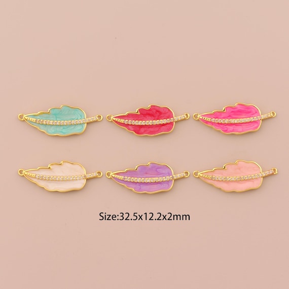 18K Gold Feather Connector, Micropavé CZ Wing Connector, Enamel Wing Connector Charm, DIY Jewelry Supplies