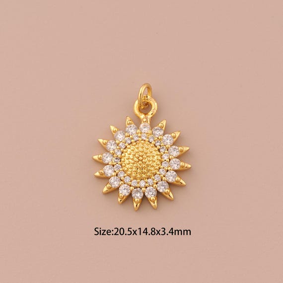 18K Gold Sunflower Charms,CZ Pave Plant Charms Pendants,Sunflower Charm for DIY Jewelry Making Supply