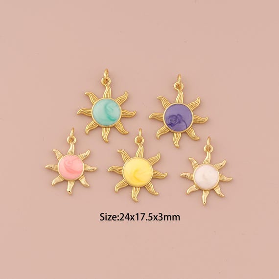18K Gold Sun Charms,Enamel Minimalist Charms Pendants,Sun Charm for DIY Jewelry Making Supply