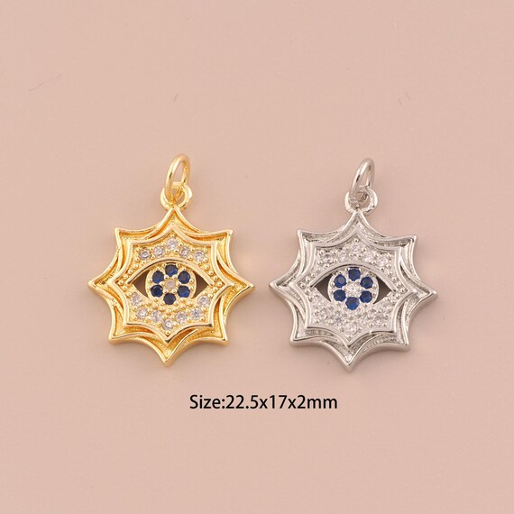 18K Gold Sun Charms,CZ Pave Devil Eye Charms Pendants,Evil Eye Charm for DIY Jewelry Making Supply
