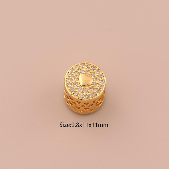 18K Gold Heart Spacer Bead,CZ Pave Round Bead,Round Bead for DIY Jewelry Making Supply