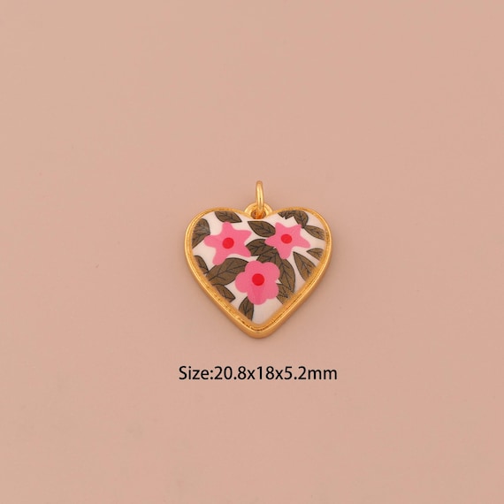 18K Gold Cherry Blossom Charms,Enamel Heart Charms Pendants,Flower Charm for DIY Jewelry Making Supply