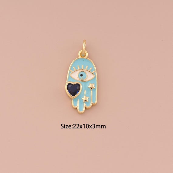 18K Gold Hamsa Charms,Enamel Heart Charms Pendants,Evil Eye Charm for DIY Jewelry Making Supply