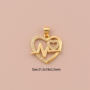 18K Gold Heartbeat Charms,CZ Pave Heart Charms Pendants,Heart Charm for DIY Jewelry Making Supply