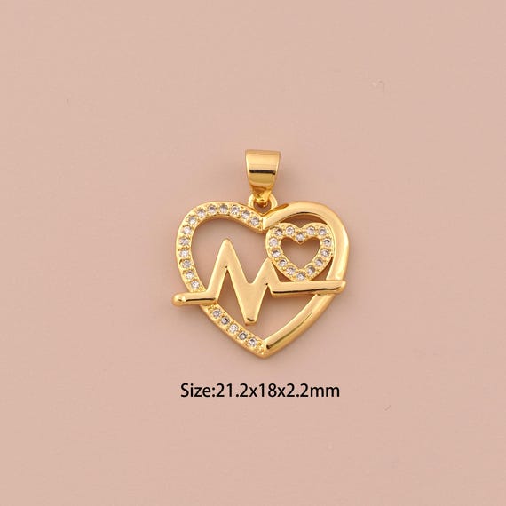 18K Gold Heartbeat Charms,CZ Pave Heart Charms Pendants,Heart Charm for DIY Jewelry Making Supply