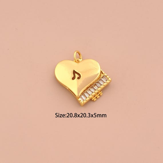 18K Gold Piano Charms,CZ Pave Heart Piano Charms Pendants,Piano Charm for DIY Jewelry Making Supply