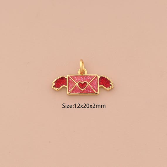 18K Gold Envelope Charms,Heart Charms Pendants,Enamel Angel Wings Charm for DIY Jewelry Making Supply