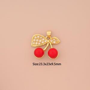 18K Gold Enamel Cherry Charms,CZ Pave Fruit Charms Pendants,Cherry Charm for DIY Jewelry Making Supply