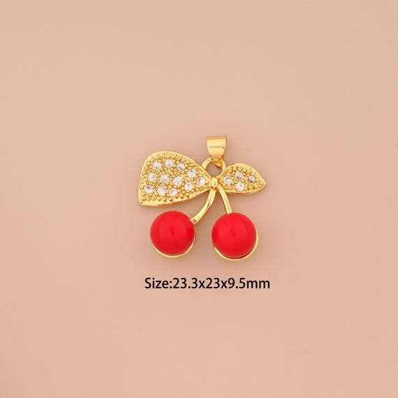 18K Gold Enamel Cherry Charms,CZ Pave Fruit Charms Pendants,Cherry Charm for DIY Jewelry Making Supply