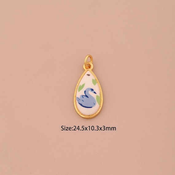 18K Gold Water Drop Charms,Enamel Tear Drop Charms Pendants,Swan Charm for DIY Jewelry Making Supply