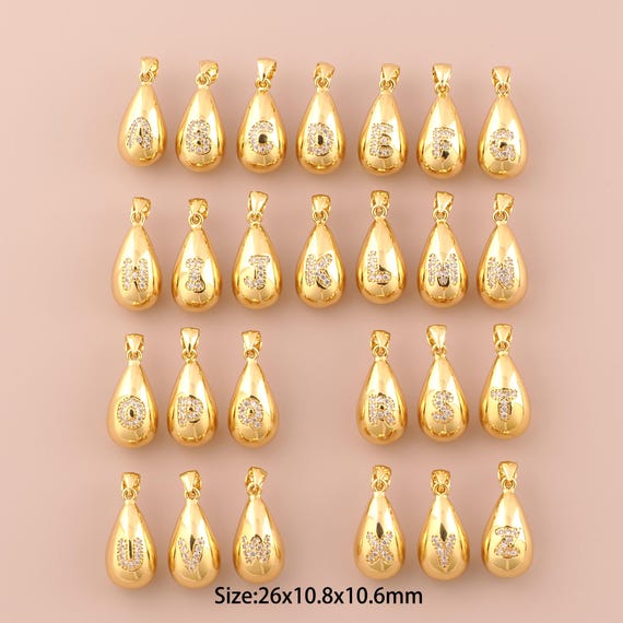 18K Gold 26 Letter Charms,CZ Pave Water Drop Charms Pendants,Initial Charm for DIY Jewelry Making Supply