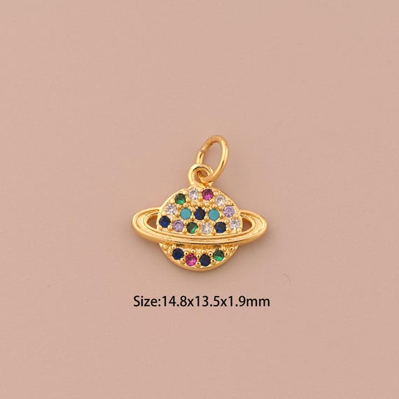 18K Gold Saturn Charms,CZ Pave Celestial Charms Pendants,Saturn  Charm for DIY Jewelry Making Supply