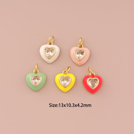 18K Gold Heart Charms,CZ Pave Minimalist Charms Pendants,Enamel Heart Charm for DIY Jewelry Making Supply