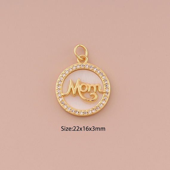 18K Gold MOM Charms,CZ Pave Letter Charms Pendants,Fritillary Round Charm for DIY Jewelry Making Supply