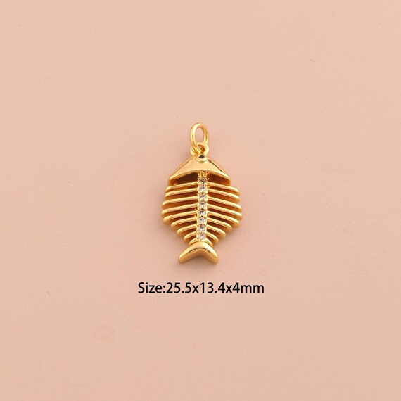 18K Gold Fishbone Charms,CZ Pave Fishbone Charms Pendants,Fishbone Charm for DIY Jewelry Making Supply
