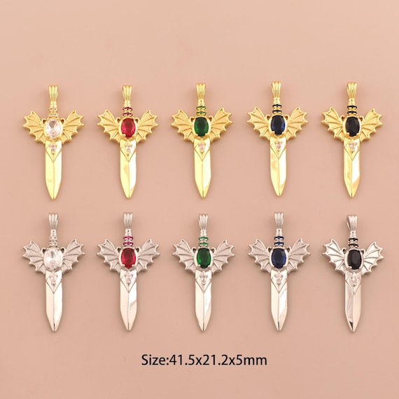 18K Gold Weapon Charms,CZ Pave Sword Charms Pendants,Weapon Charm for DIY Jewelry Making Supply