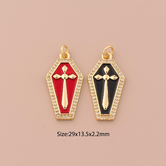 18K Gold Cross Pendant,Enamel Religious Charm Pendant,Coffin Pendant, DIY Jewelry Supplies