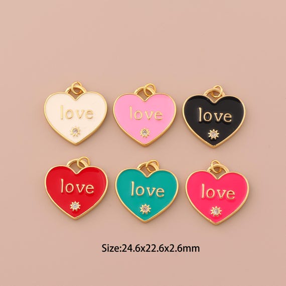 18K Gold Heart Charms,Enamel LOVE Charms Pendants,Heart Charm for DIY Jewelry Making Supply