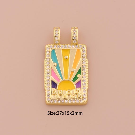 18K Gold GOODLUCK Charms,CZ Pave Minimalist Charms Pendants,Enamel Square Charm for DIY Jewelry Making Supply