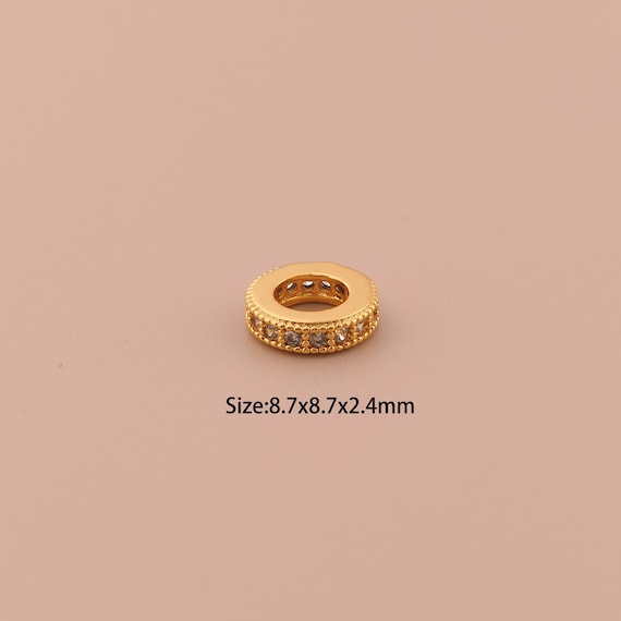18K Gold Flat Spacer Bead,CZ Pave Minimalist Bead,Large Hole Bead for DIY Jewelry Making Supply