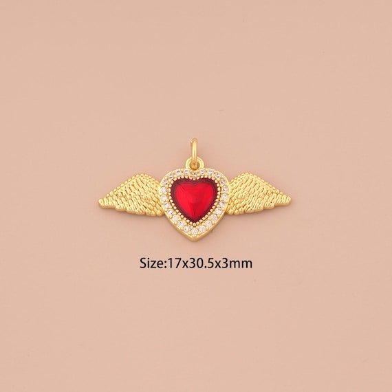 18K Gold Heart Charms,CZ Pave Love Charms Pendants,Enamel Angel Wings Charm for DIY Jewelry Making Supply