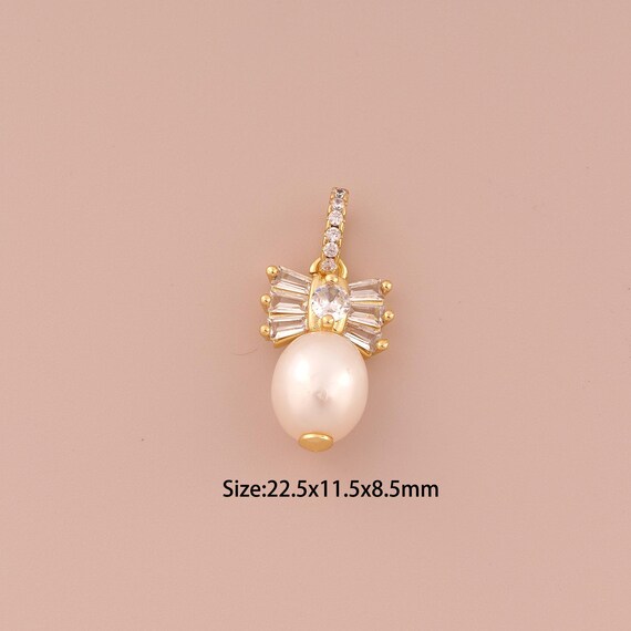 18K Gold Bow Charms,CZ Pave Minimalist Charms Pendants,Pearl Charm for DIY Jewelry Making Supply