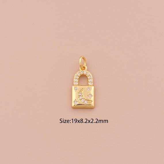 18K Gold Lock Charms,CZ Pave Minimalist Charms Pendants,Moon Charm for DIY Jewelry Making Supply