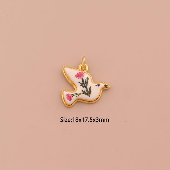 18K Gold Peace Dove Charms,Enamel Flower Charms Pendants,Animal Charm for DIY Jewelry Making Supply