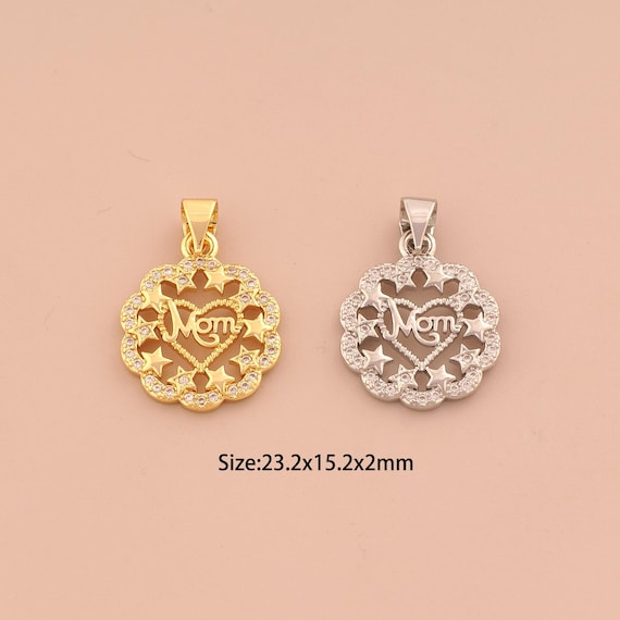 18K Gold MOM Charms,CZ Pave Heart Charms Pendants,Letter Charm for DIY Jewelry Making Supply