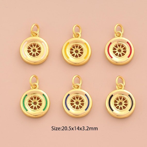 18K Gold Tire Charms,Enamel F1 Tire Charms Pendants,Tire Charm for DIY Jewelry Making Supply