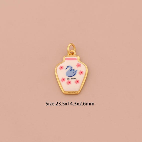 18K Gold Vase Charms,Enamel Flower Charms Pendants,Swan Charm for DIY Jewelry Making Supply