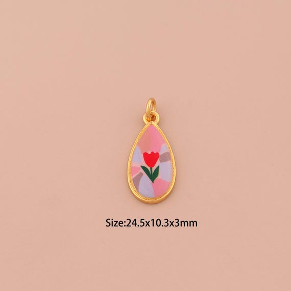 18K Gold Water Drop Charms,Enamel Tear Drop Charms Pendants,Flower Charm for DIY Jewelry Making Supply