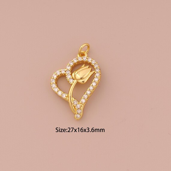 18K Gold Heart Charms,CZ Pave Minimalist Charms Pendants,Flower Charm for DIY Jewelry Making Supply