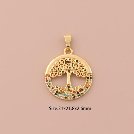 18K Gold Tree of Life Charms,CZ Pave Round Charms Pendants,Tree of Life Charm for DIY Jewelry Making Supply