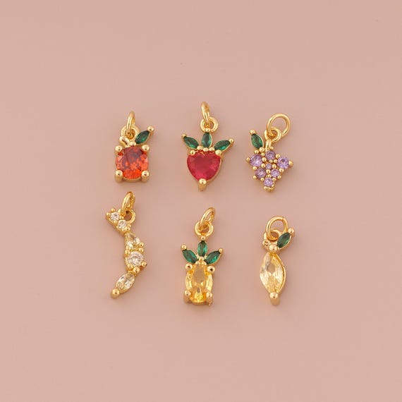 18K Gold Fruit Collection Charms,CZ Pave Fruit Charms Pendants,Strawberry Charm for DIY Jewelry Making Supply