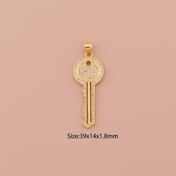 18K Gold Key Charms,CZ Pave Minimalist Charms Pendants,Key Charm for DIY Jewelry Making Supply