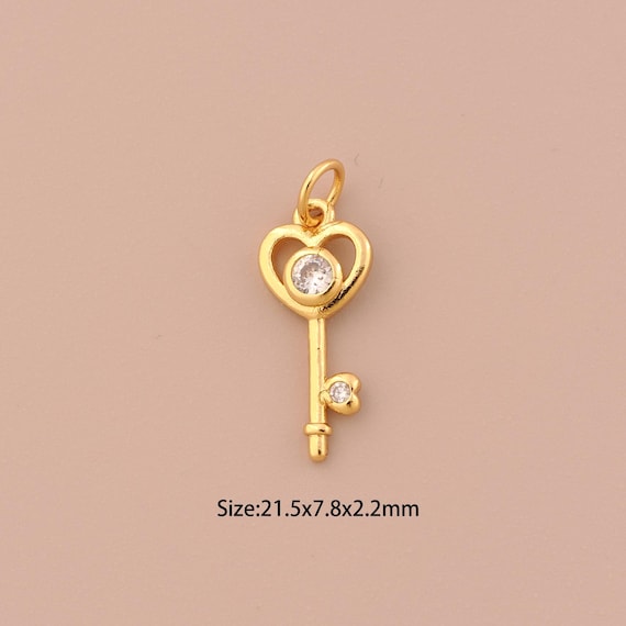 18K Gold Key Charms,CZ Pave Heart Charms Pendants,Key Charm for DIY Jewelry Making Supply