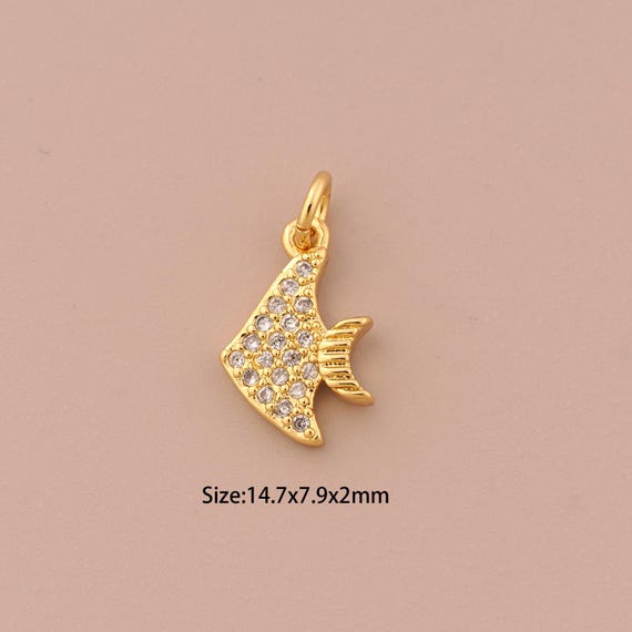 18K Gold Fish Charms,CZ Pave Minimalist Charms Pendants,Fish Charm for DIY Jewelry Making Supply