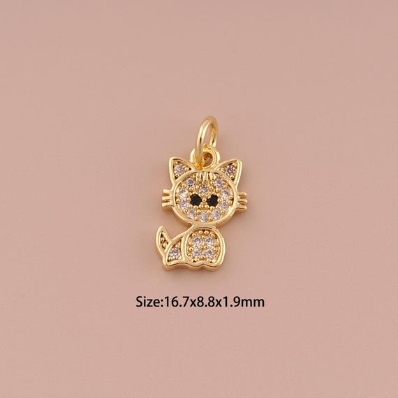18K Gold Cat Charms,CZ Pave Minimalist Charms Pendants,Animal Charm for DIY Jewelry Making Supply