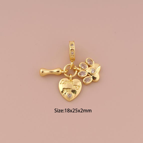 18K Gold Bone Charms,CZ Pave Heart Charms Pendants,Animal Foot Charm for DIY Jewelry Making Supply