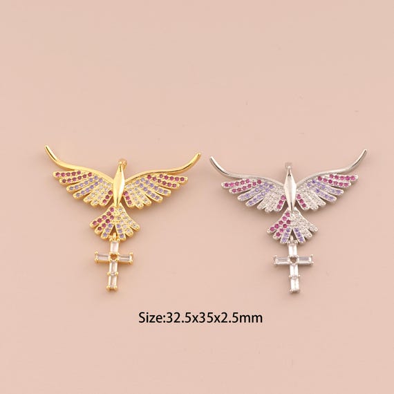 18K Gold Bald Eagle Charms,CZ Pave Religious Charms Pendants,Cross Charm for DIY Jewelry Making Supply