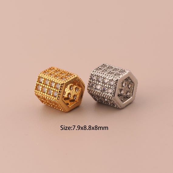 18K Gold Hexagon Spacer Bead,CZ Pave Large Hole Bead,Hexagon Bead for DIY Jewelry Making Supply