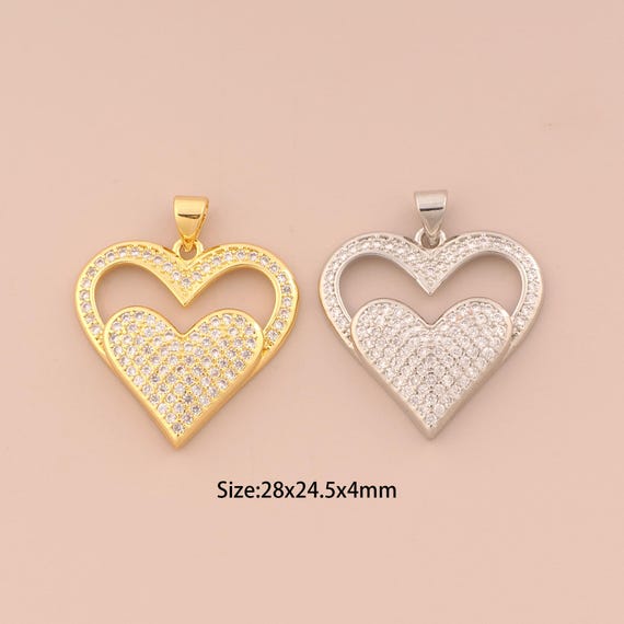 18K Gold Heart Charms,CZ Pave Heart Charms Pendants,Heart Charm for DIY Jewelry Making Supply