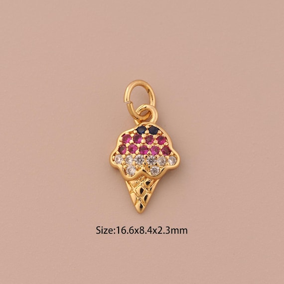 18K Gold Ice Cream Charms,CZ Pave Ice Cream Charms Pendants,Ice Cream Charm for DIY Jewelry Making Supply